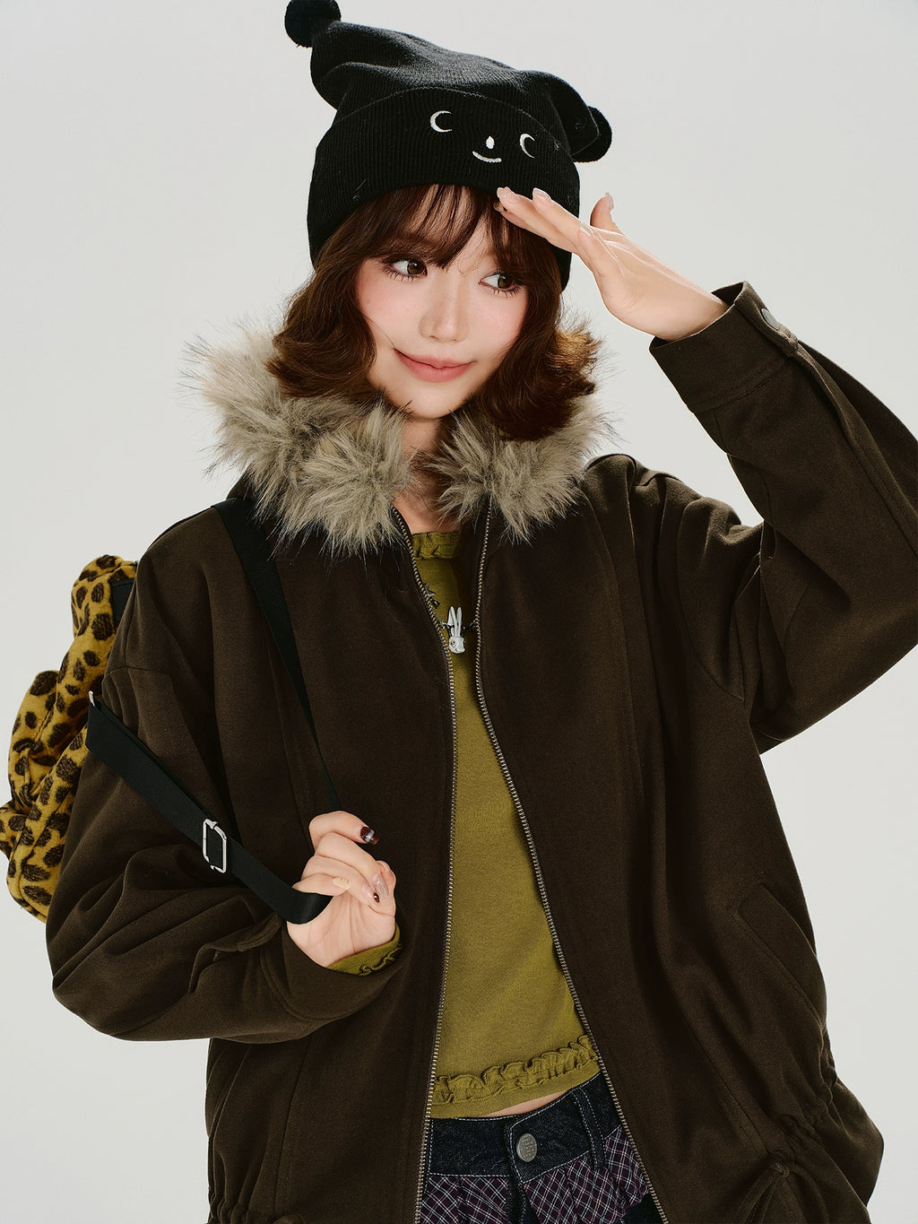 Girlyhalo Drawstring Hooded Fur Collar Jacket