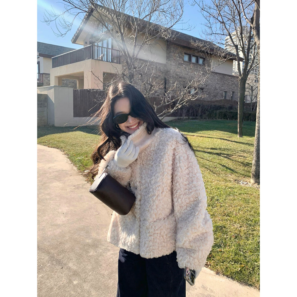Pusumede Lapel Short Temperament Loose Fluffy Coat