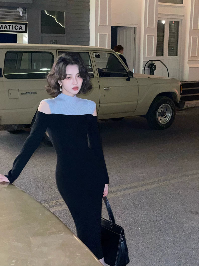 KELIFAN Semi-high-neck Waist Off-the-shoulder Knitted Dress