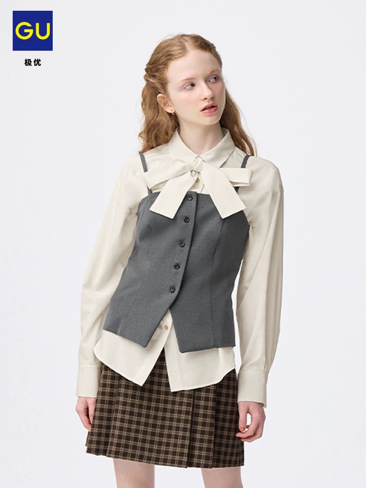 GU Fashion Casual Lace-Up Shirt Long Sleeve