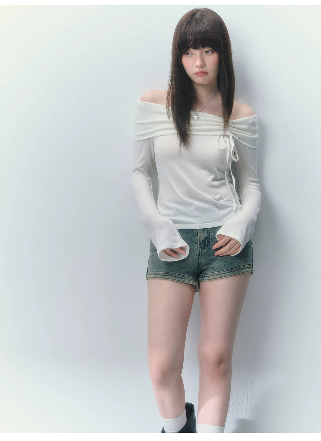 Ablueberry Two Wear One Word Shoulder Pleated Long Sleeves