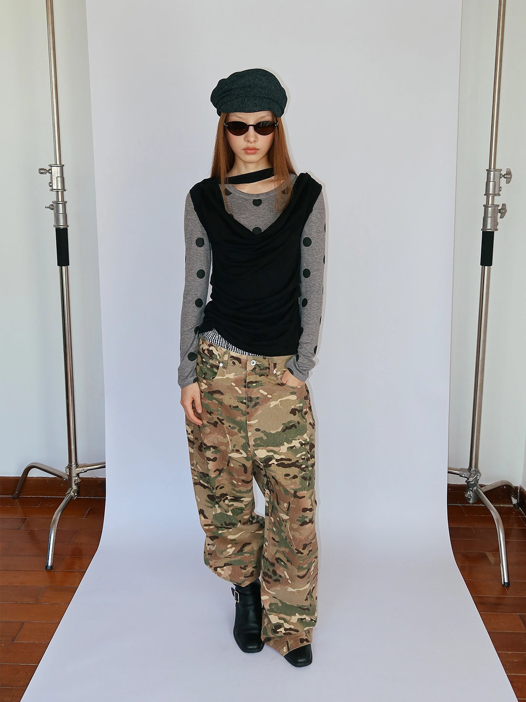 FUNKYFUN Full Printed Polka Dot Printed Elastic Front Shoulder Long Sleeve