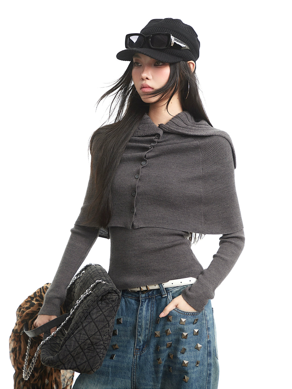 UNCMHISEX Turtleneck Long-sleeved Knitted Cardigan