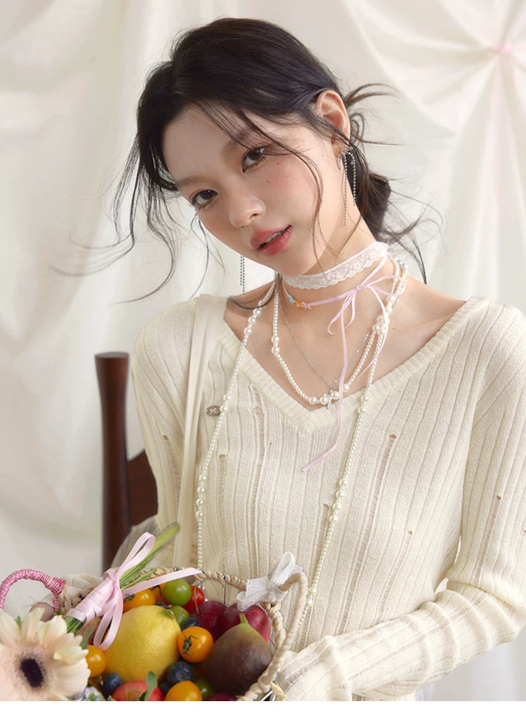 Imone Slightly Transparent Hole V Neck Waist Thin Long Sleeve