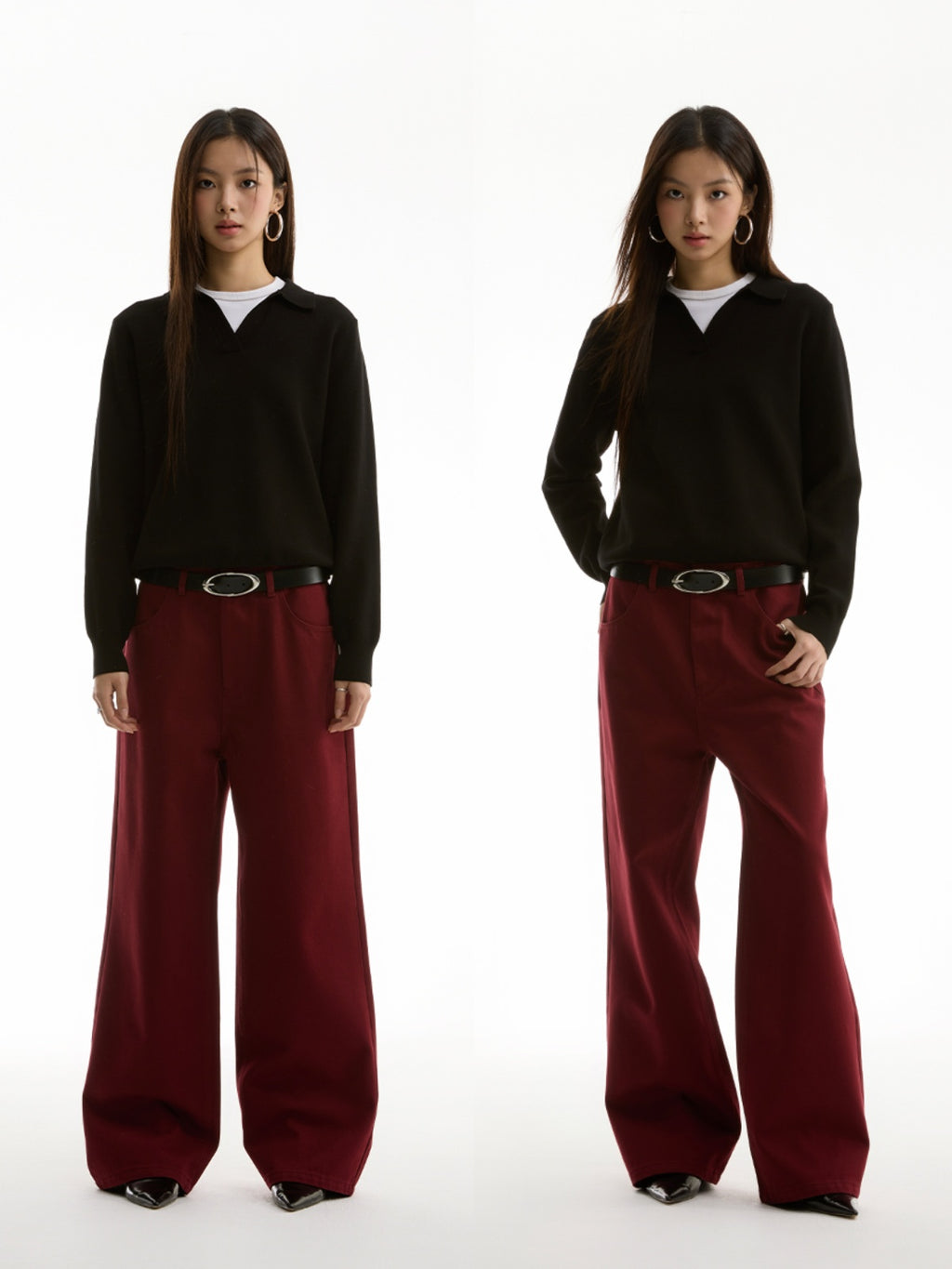 FUNKYFUN Plain Weave Polo Lapel-neck Knitted Sweater