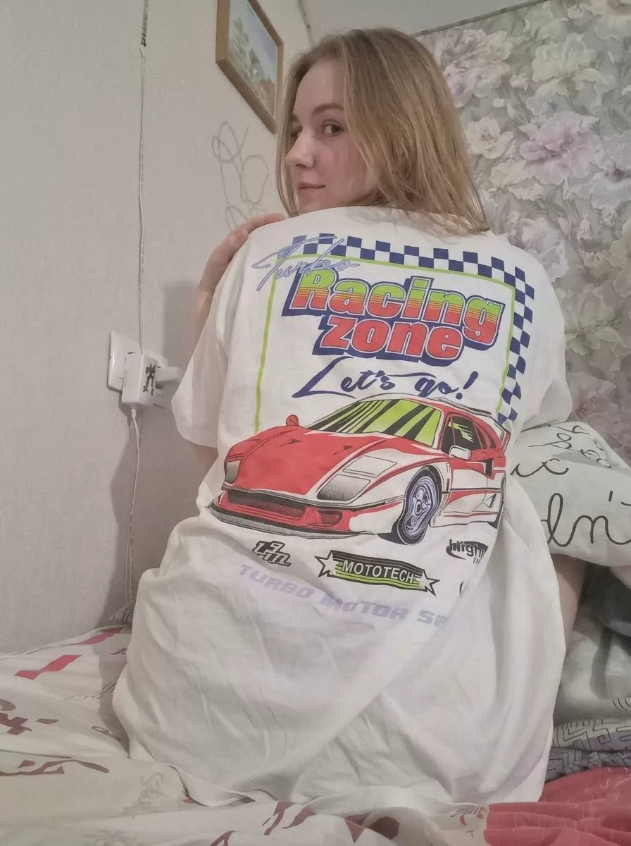 Wang Youbing Vintage Racing Print Loose Casual Tee