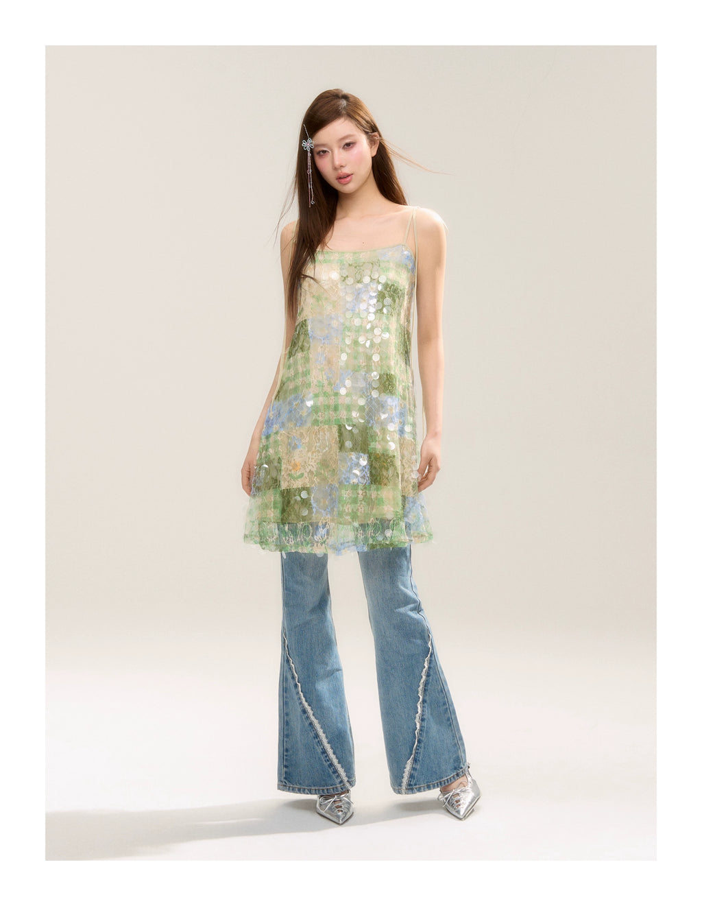 SASSY MOODY Sequined Suspender Temperament Lace Vacation A-word Dress
