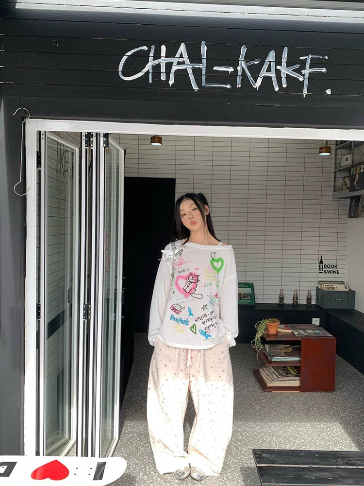 EAHO Lazy Style Floral Full Print Wide-leg Pants