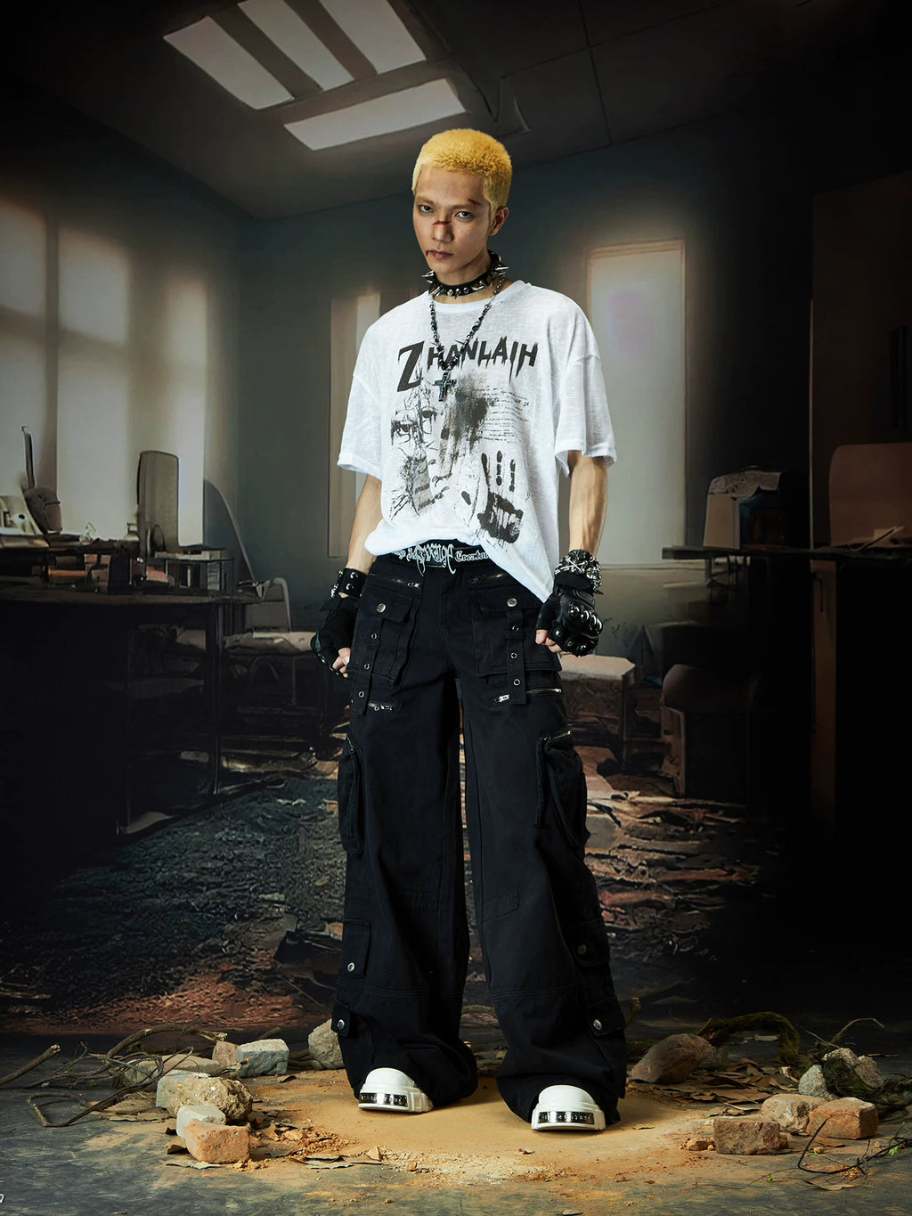 NOMANIAI Multi-pocket Streamer Zipper Splicing Layered Casual Pants