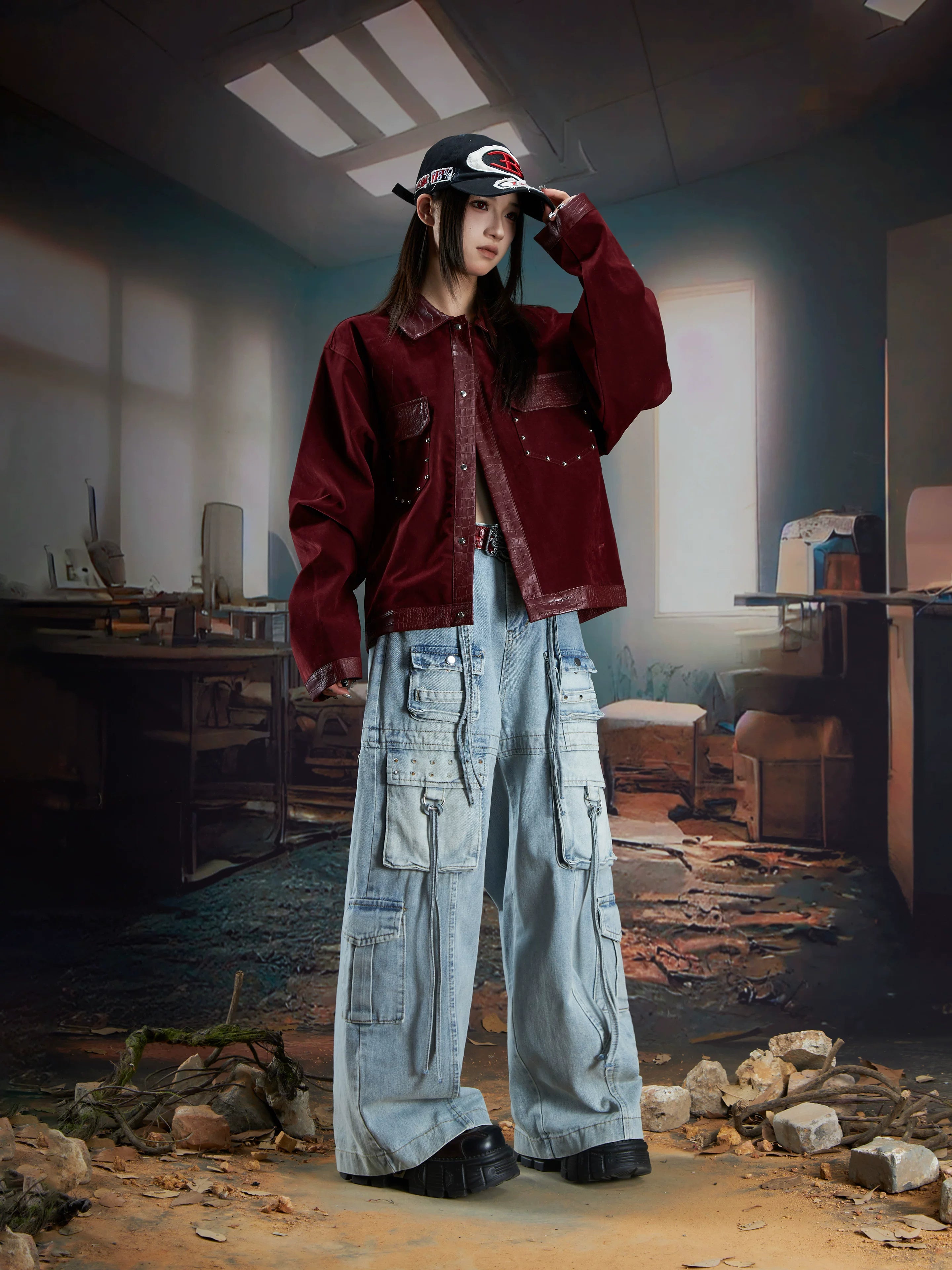 NOMANIAI Rivet Streamer Wash Water Do Old Multi-pocket Jeans