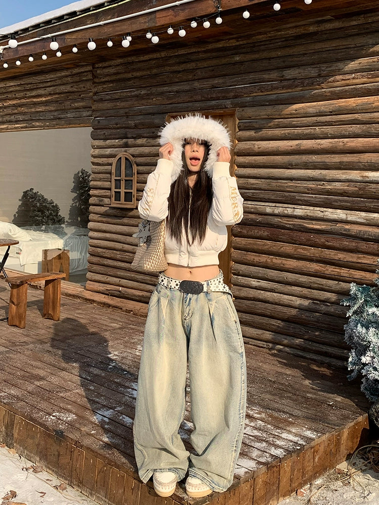EAHO Removable Fur Collar Hooded Short Cotton Clothes