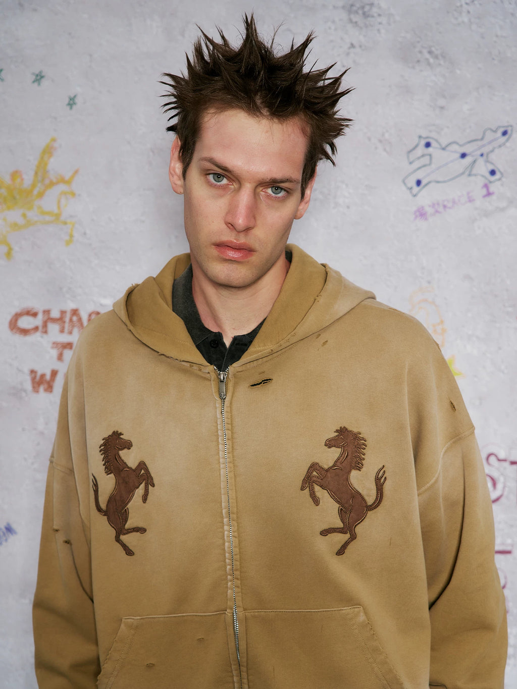 WANNA LAB Cloth-embroidered Zip-up Hooded Sweater