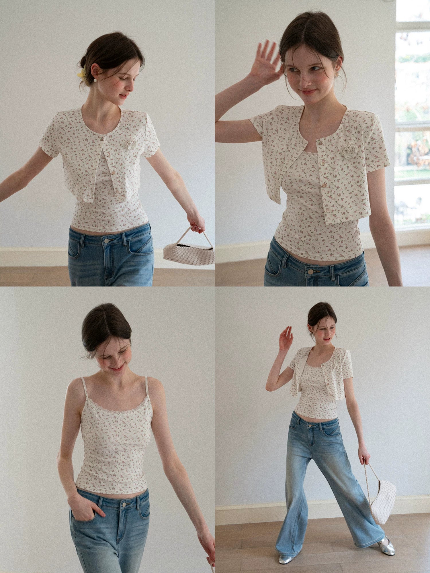 EGGKA Short Floral Cardigan Vest Suspender Set