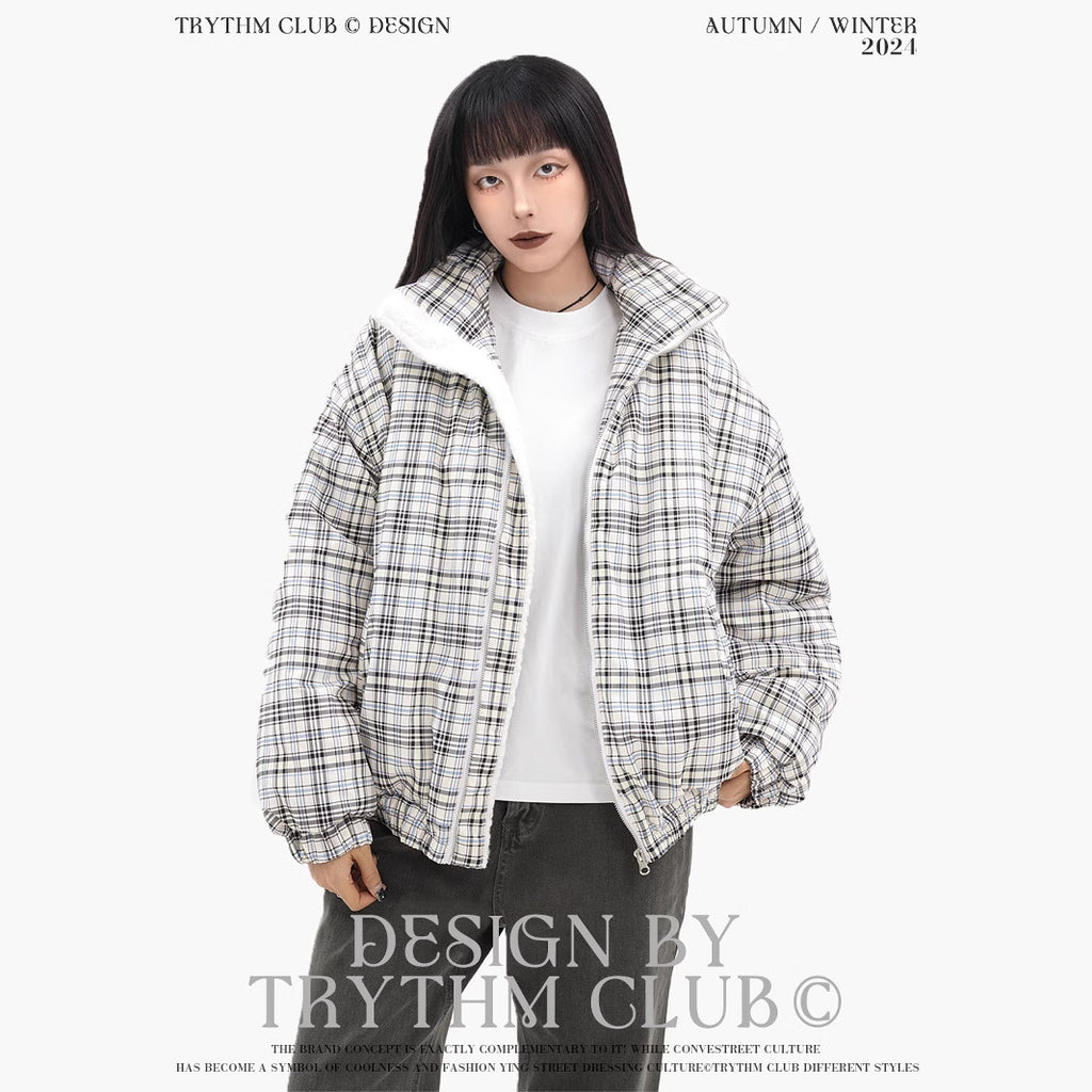 TRYTHMCLU Vintage Plaid Stand-Up Collar Cotton Suit