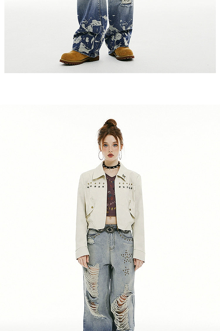 IMONE Vintage Rivet Short Leather Jacket
