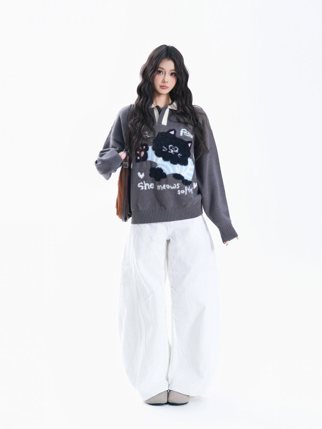 BF. BORFEND Black Cat Contrast Versatile Loose Warm Knitted Sweater