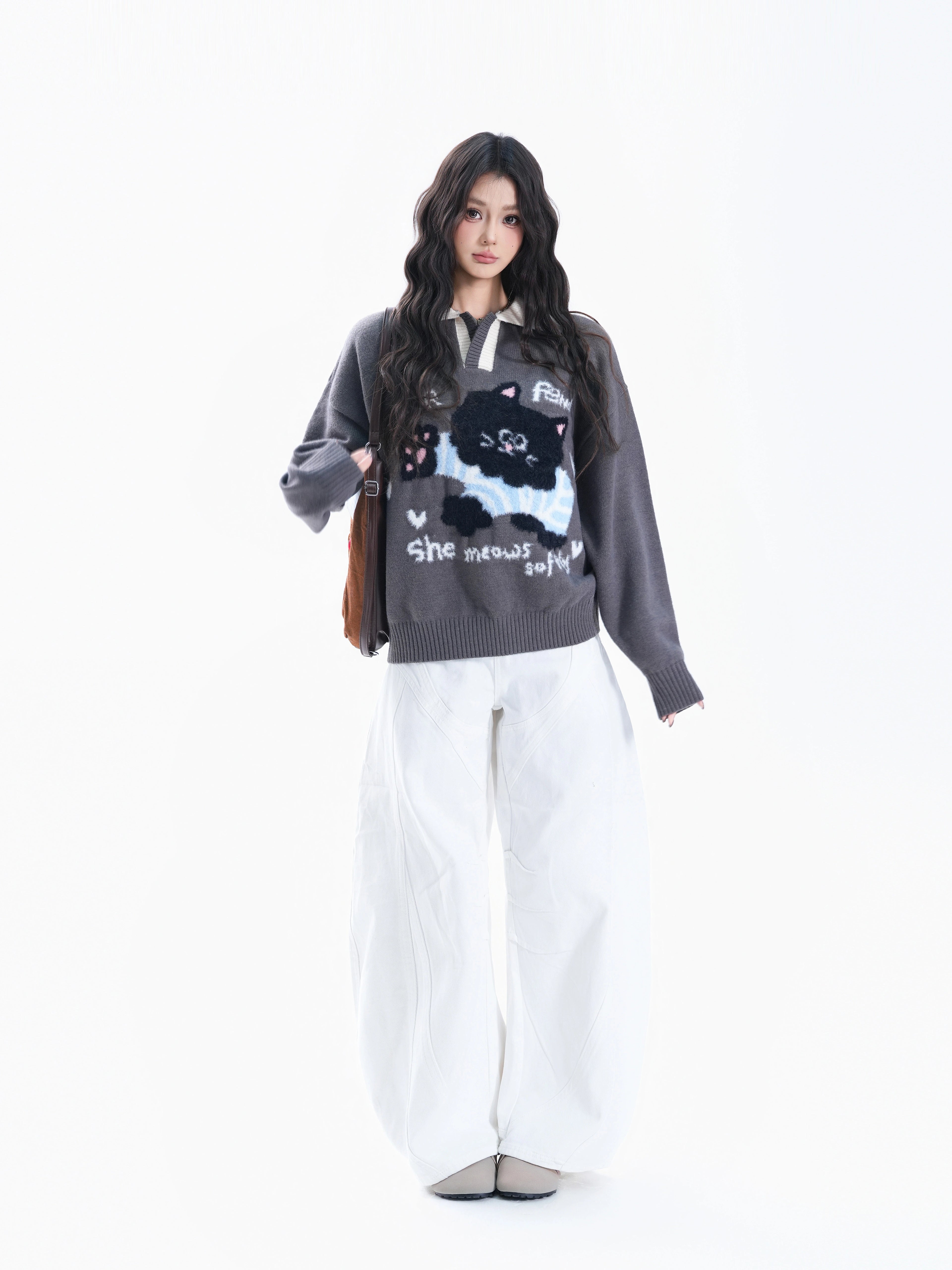 BF. BORFEND Black Cat Contrast Versatile Loose Warm Knitted Sweater