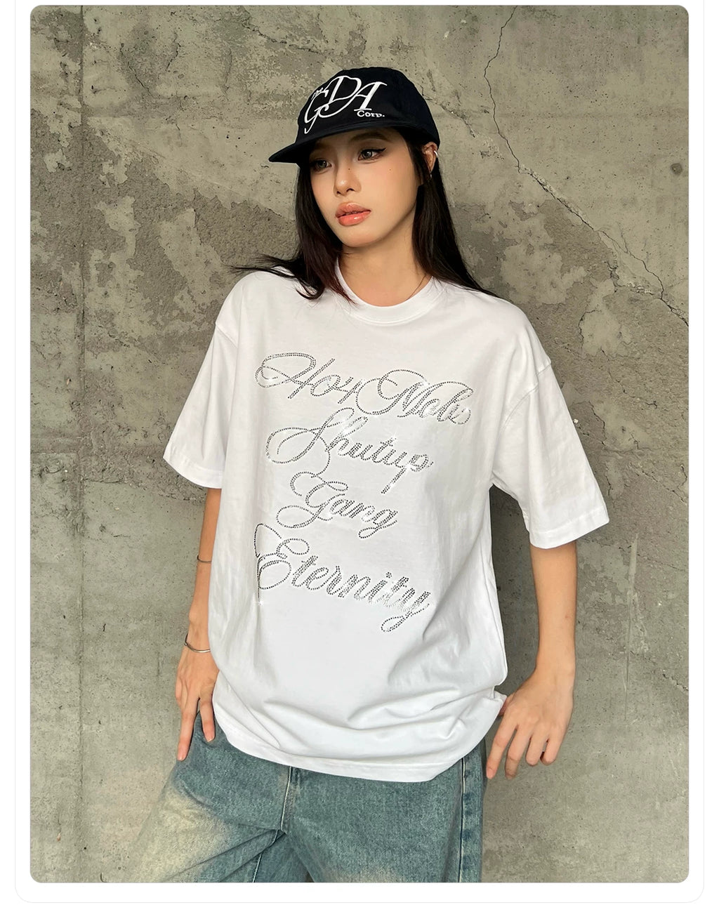 404MOB Alphabet Hot Diamond Loose Casual Tee