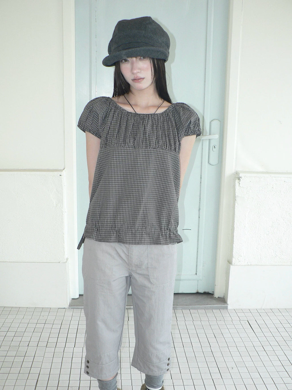 ANG: Project Retro Plaid Bubble Sleeve Waist Short Shirt