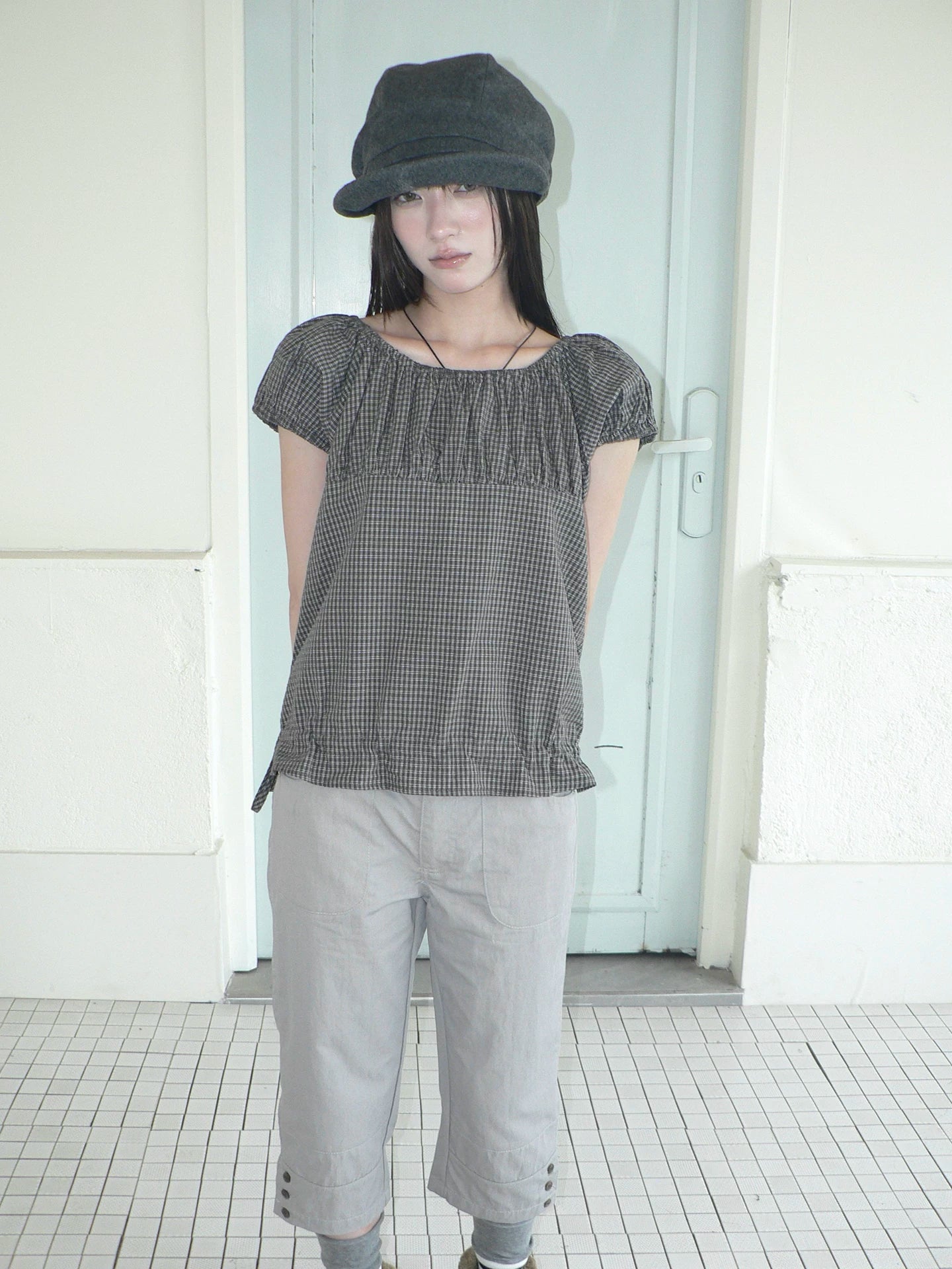 ANG: Project Retro Plaid Bubble Sleeve Waist Short Shirt