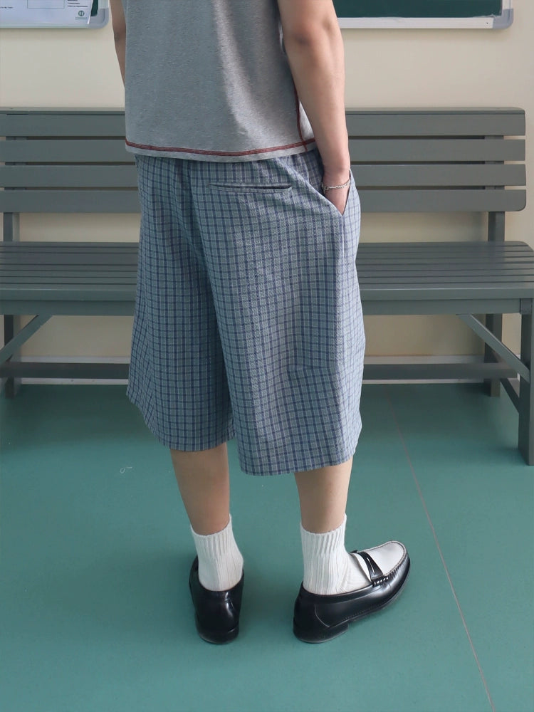 InsGale Loose Silhouette Seersucker Checked Cropped Pants