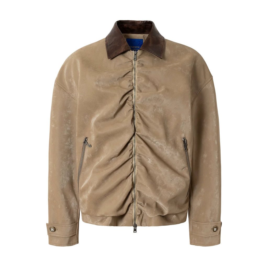 YADcrew Real Sheepskin Collar Pleated Velvet Leather Lapel Jacket