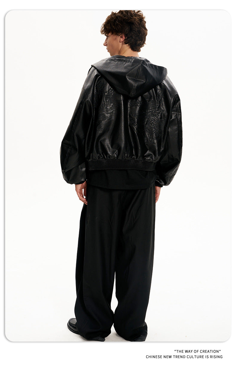 11KN Hooded Short Wide Leather Jacket Embossed Pattern Jacket
