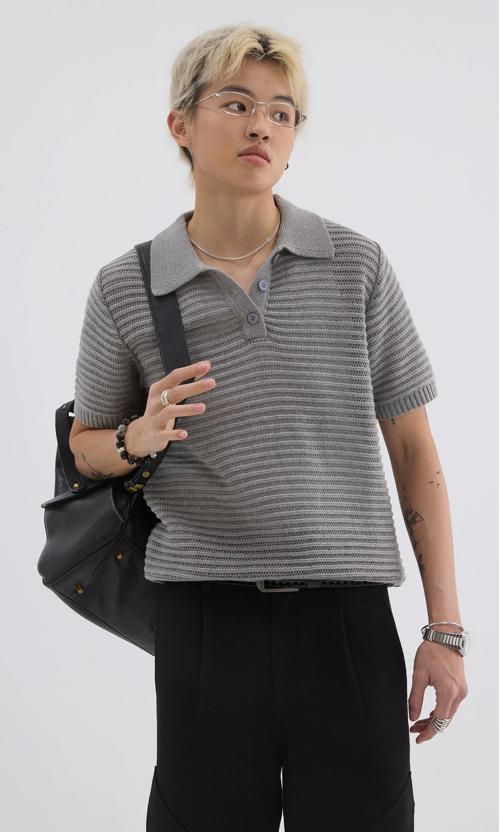 Sameuoo Shoulder Knit Hollow Polo Shirt