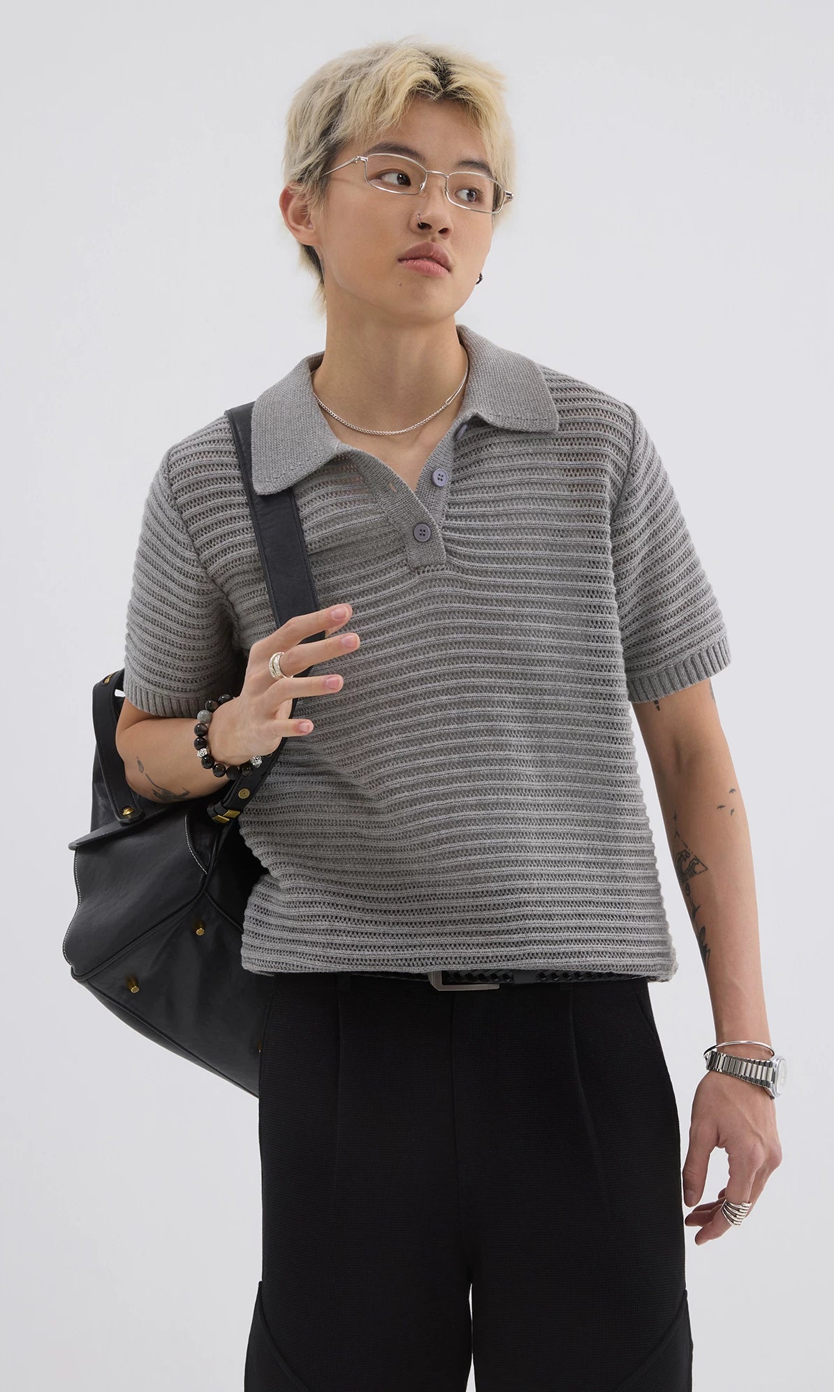 Sameuoo Shoulder Knit Hollow Polo Shirt