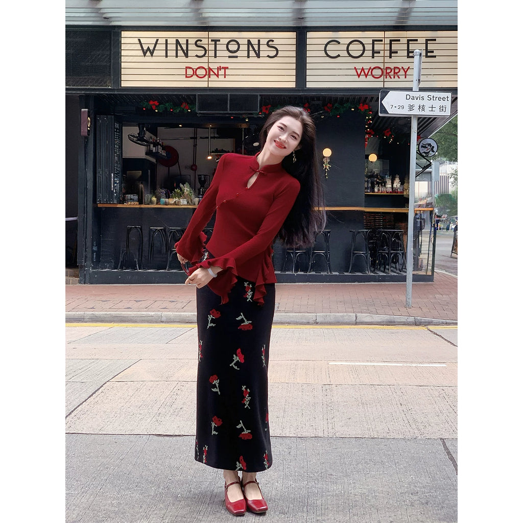 ZIHE Ruffle Edge Knitted Sweater Long Sleeve