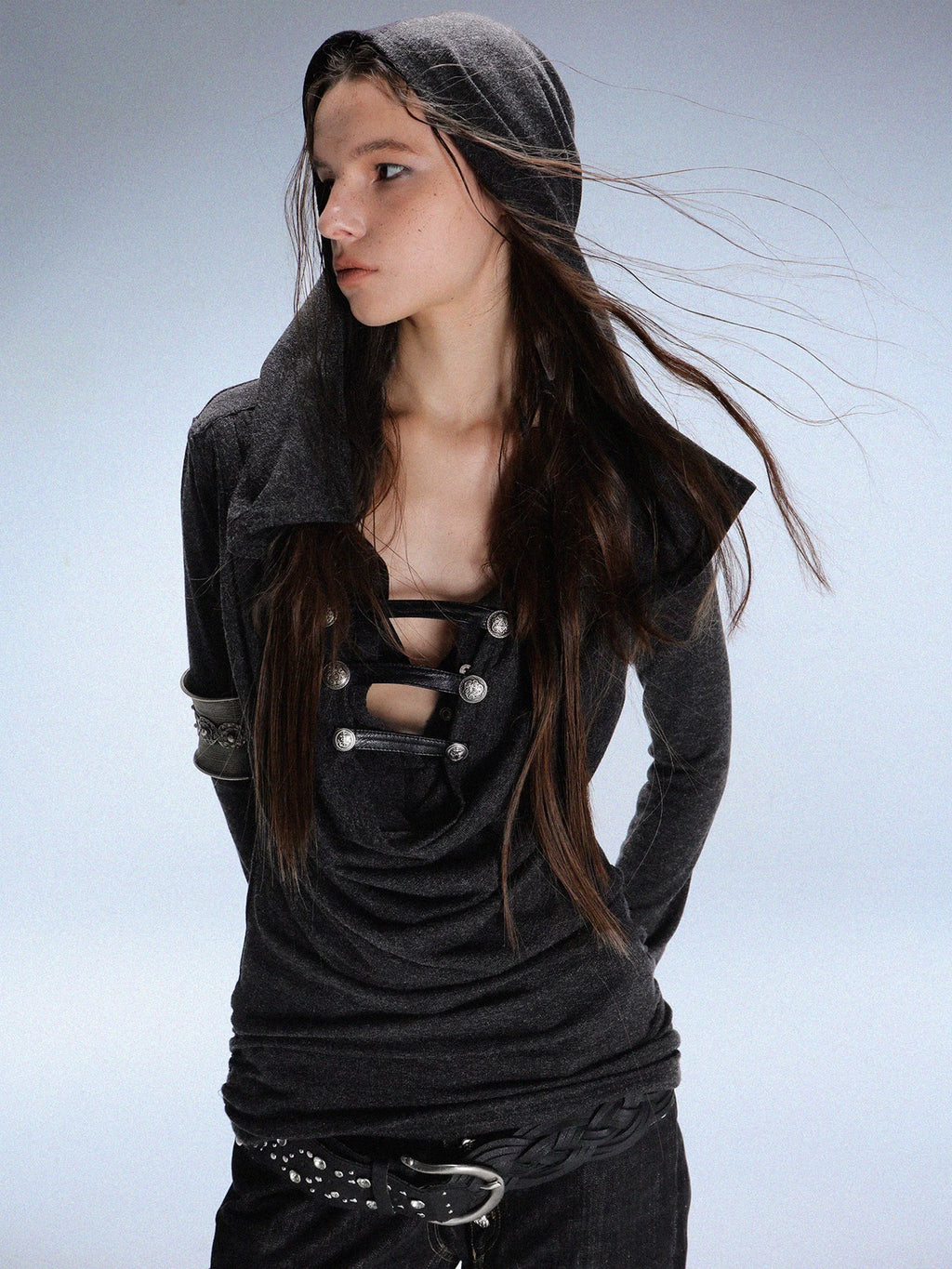 DoublePunch Metal Buckle with Knitted Hooded Bottom Long Sleeve