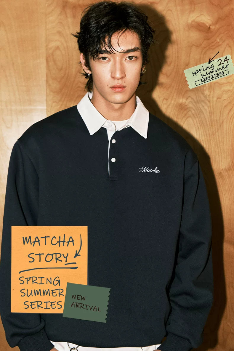 MATCHA STORY Contrast Color Lapel Loose Simple Sweater