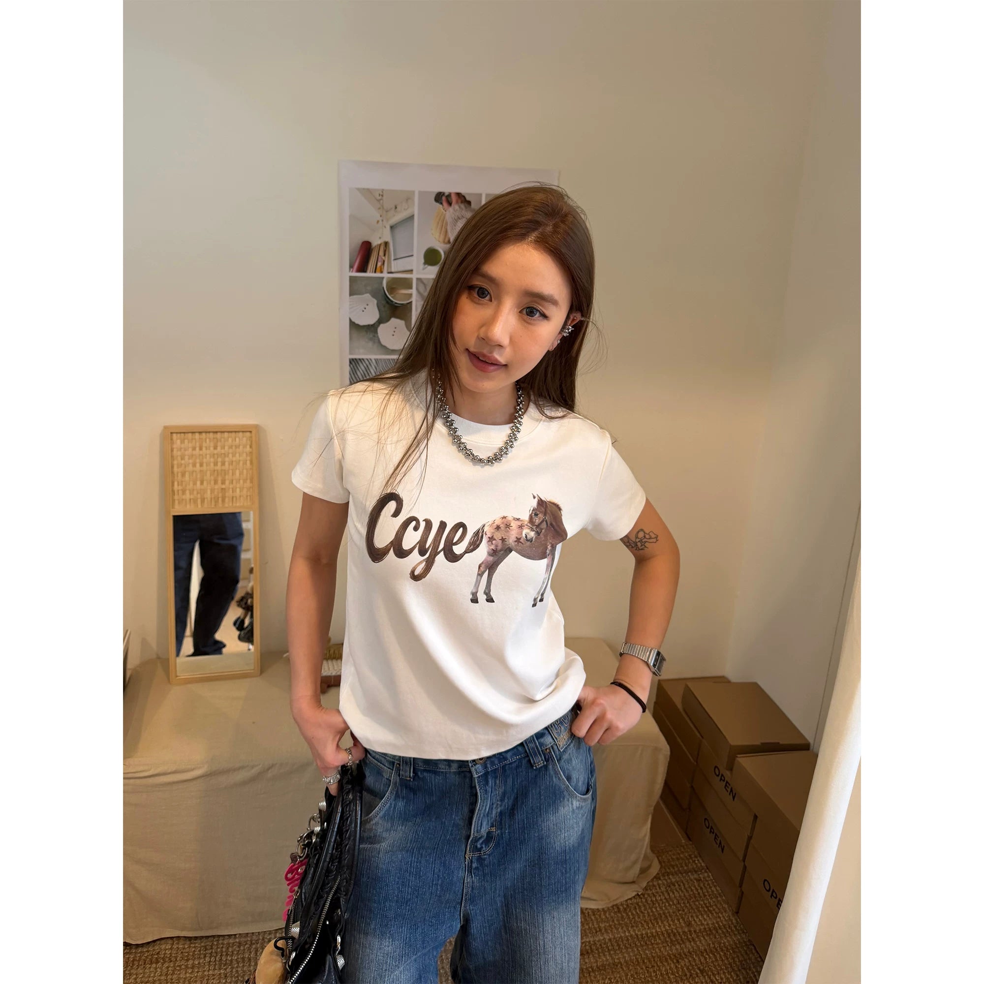 CCYE Front Shoulder Slightly Loose Round Neck Tee