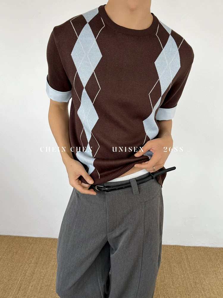 Chein Rhombus Shirt Collar Fake Two-piece Knitted Sweater