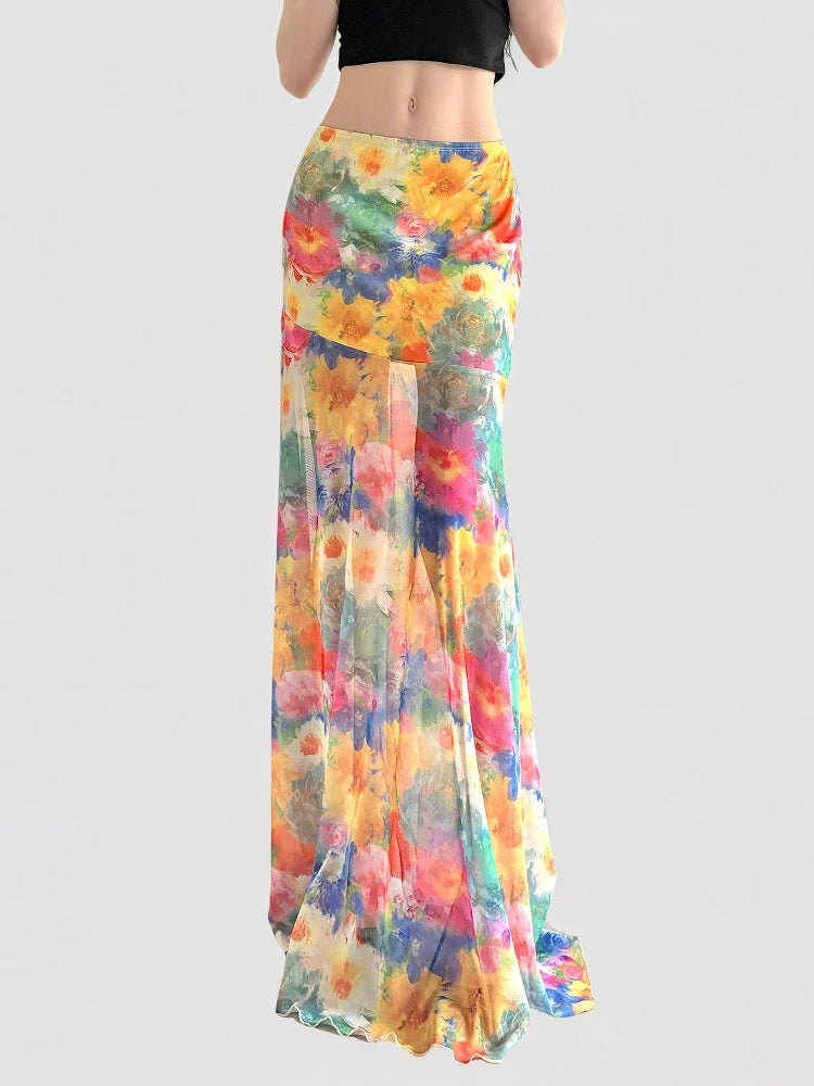 FUNOFF Low Waist Mesh Floor Length Skirt