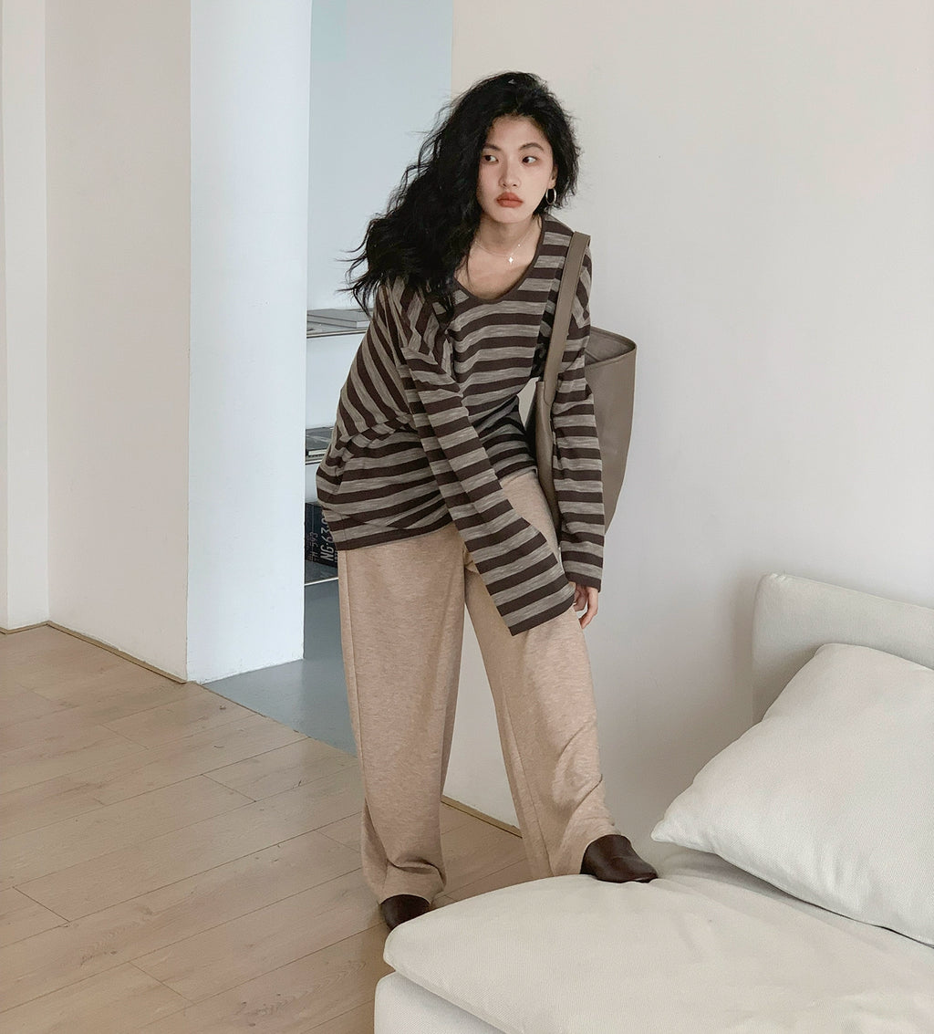 EM Vintage Striped V-Neck Loose Temperament Long Sleeve