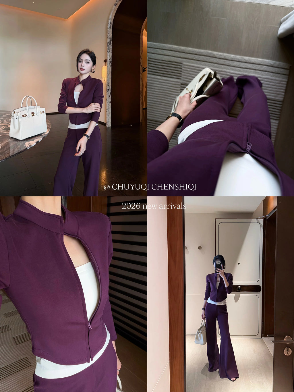 CHUYUQI Casual Short Zipper Top Flared Pants Two-piece Set