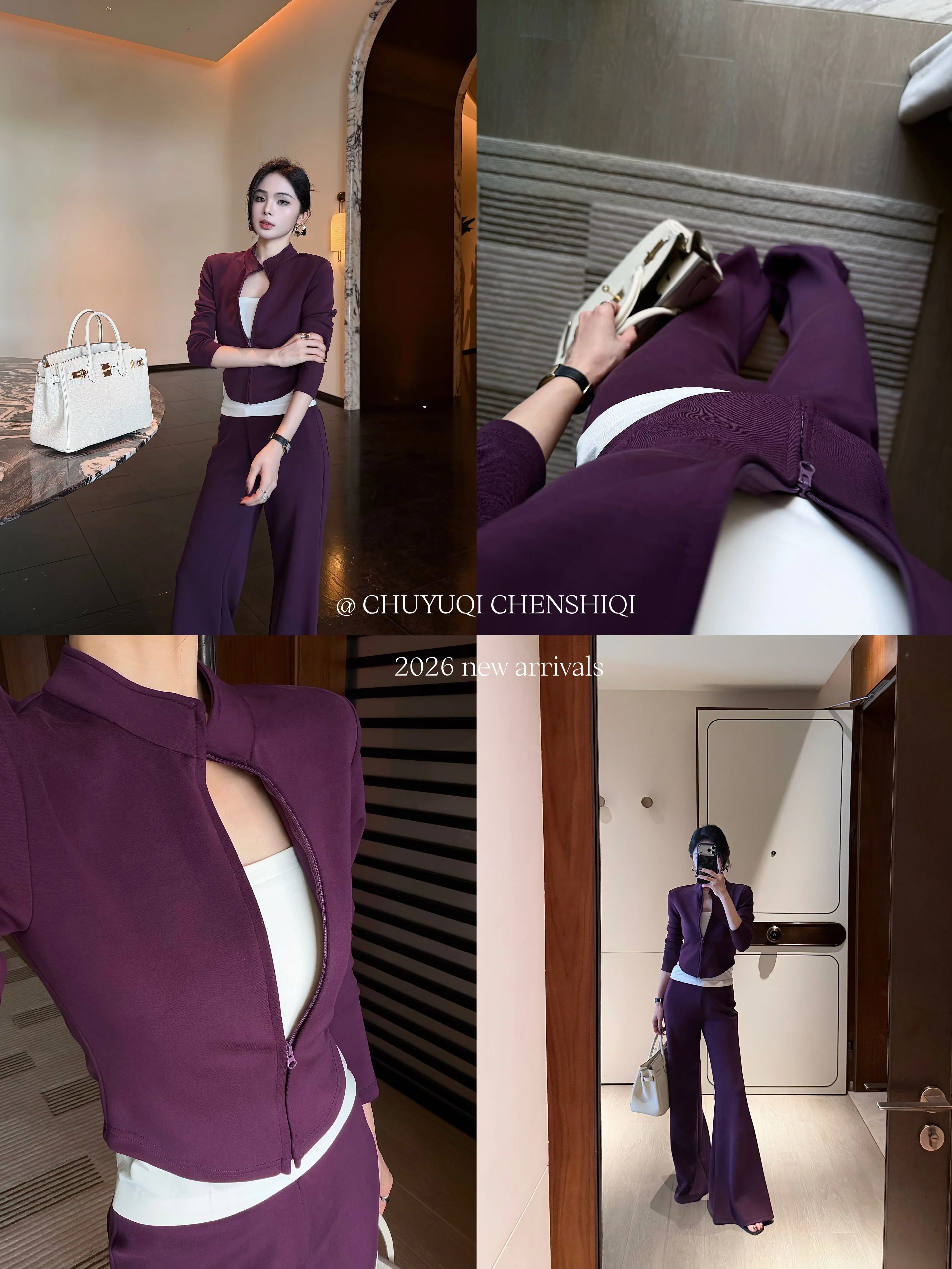 CHUYUQI Casual Short Zipper Top Flared Pants Two-piece Set