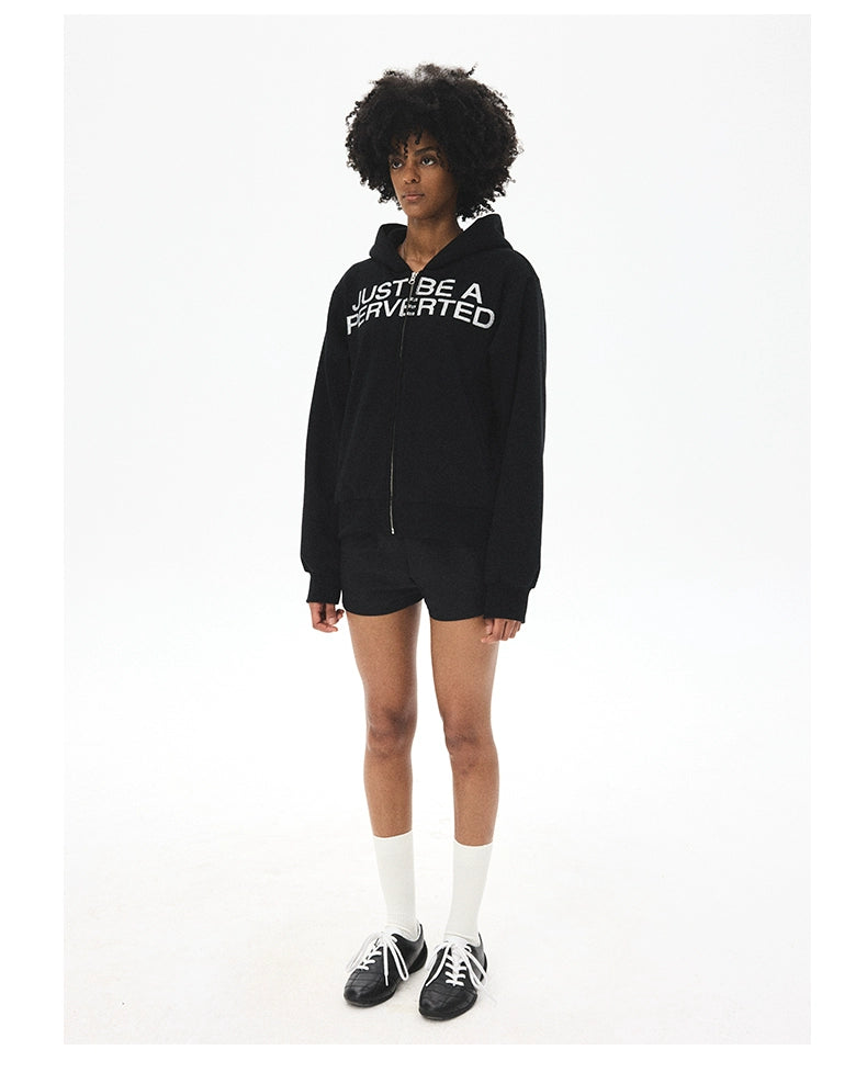 CRICLE Letter Print Hooded Zip Sweater