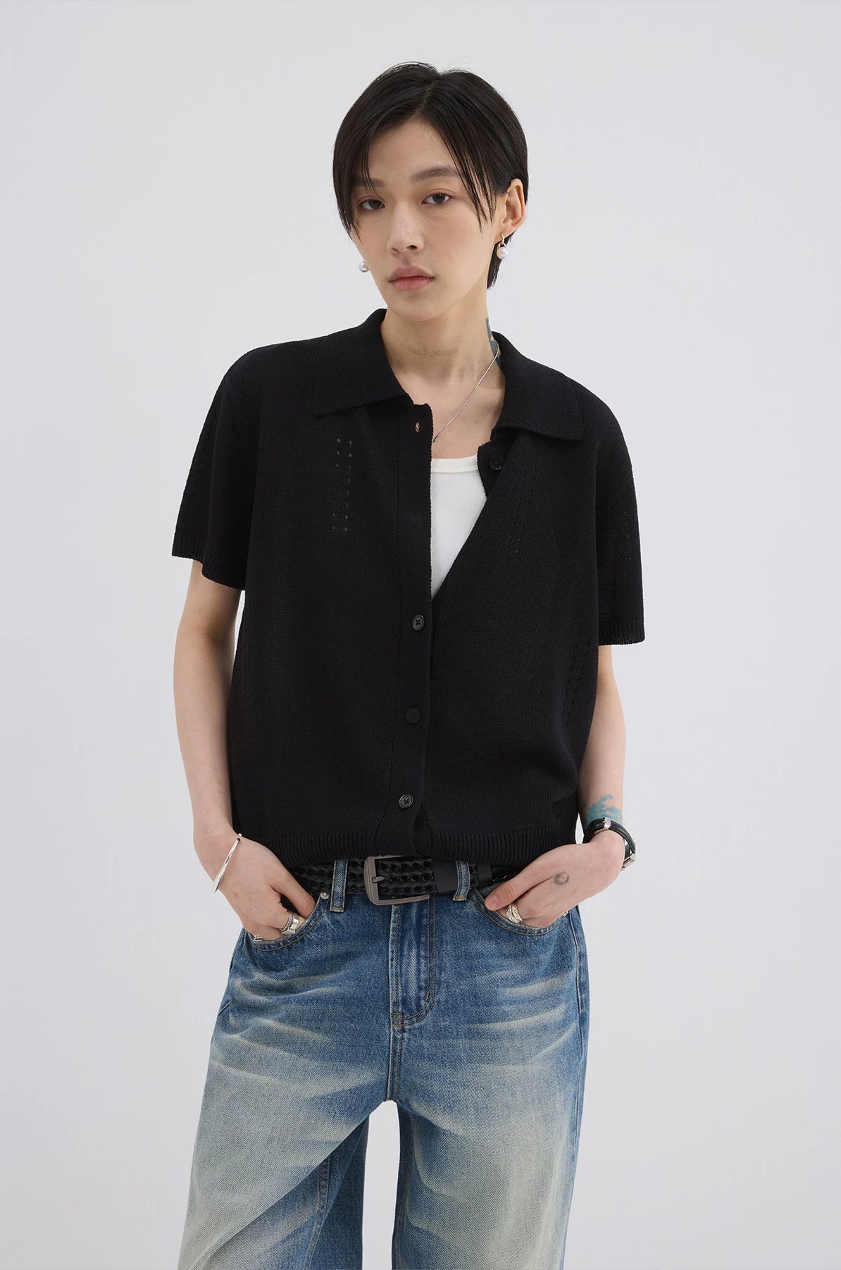 Sameuoo Skeleton Knitted Casual Polo Shirt