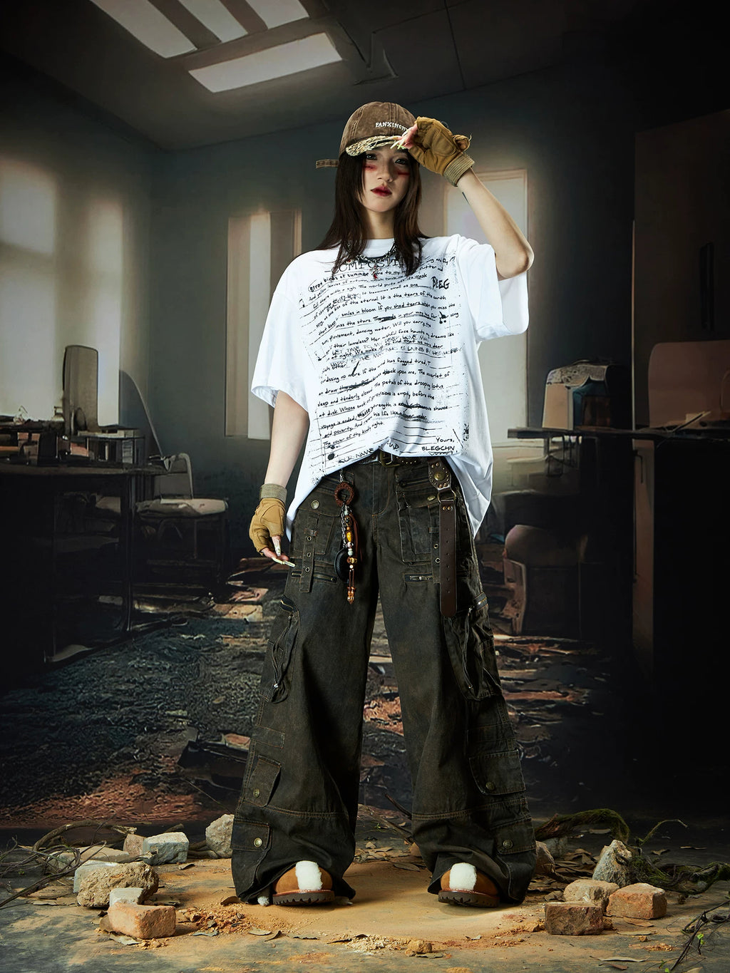 NOMANIAI Multi-pocket Streamer Zipper Splicing Layered Casual Pants