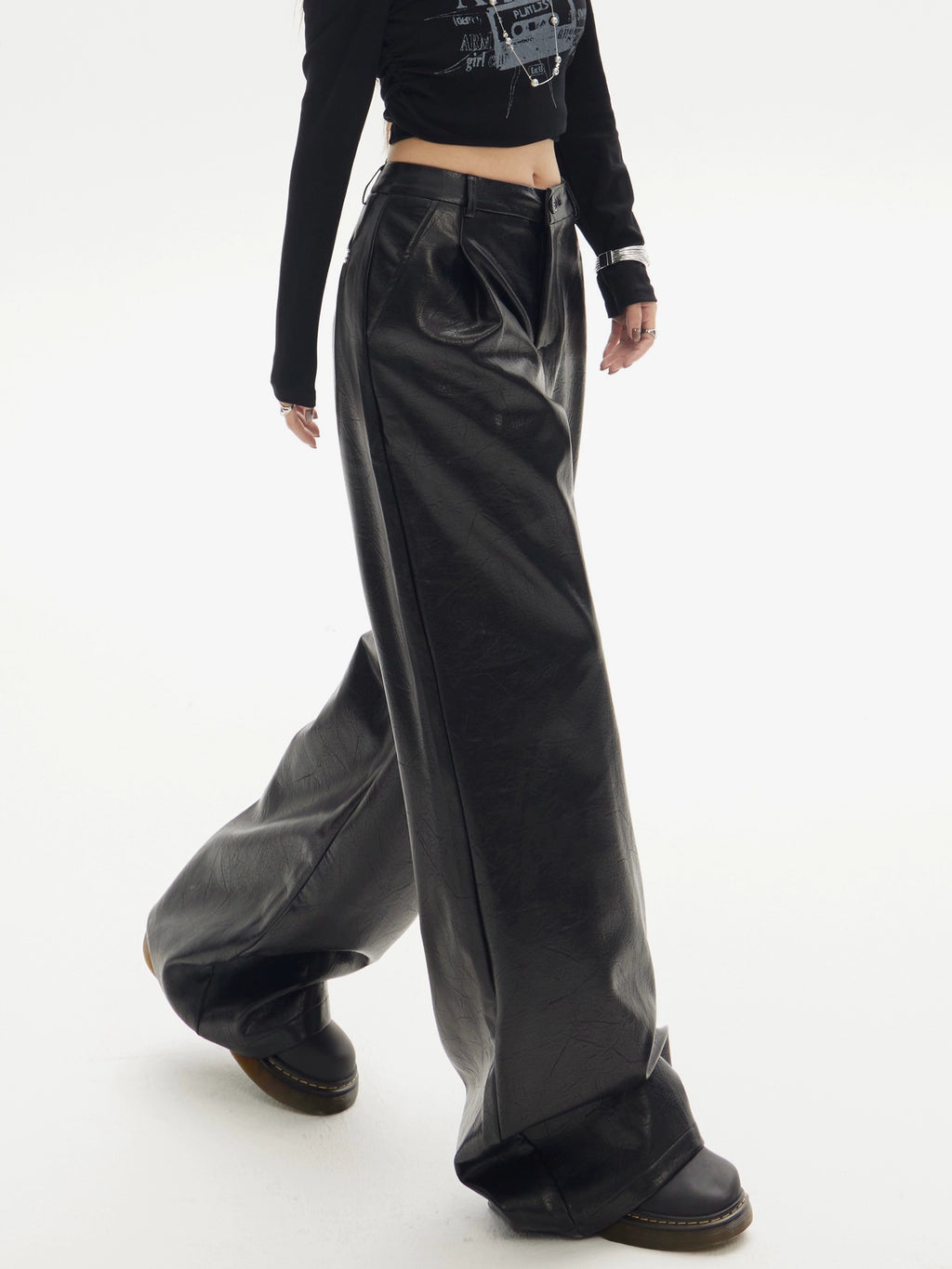 ZAVK High Waist Loose and Thin Straight Leather Pants
