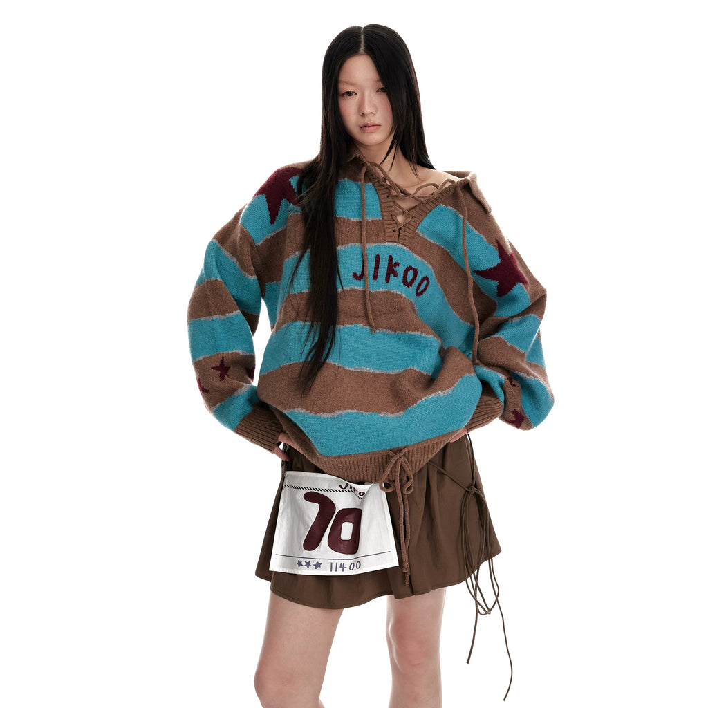 Jikoo Contrasting Color Splicing Jacquard Loose Striped Sweater