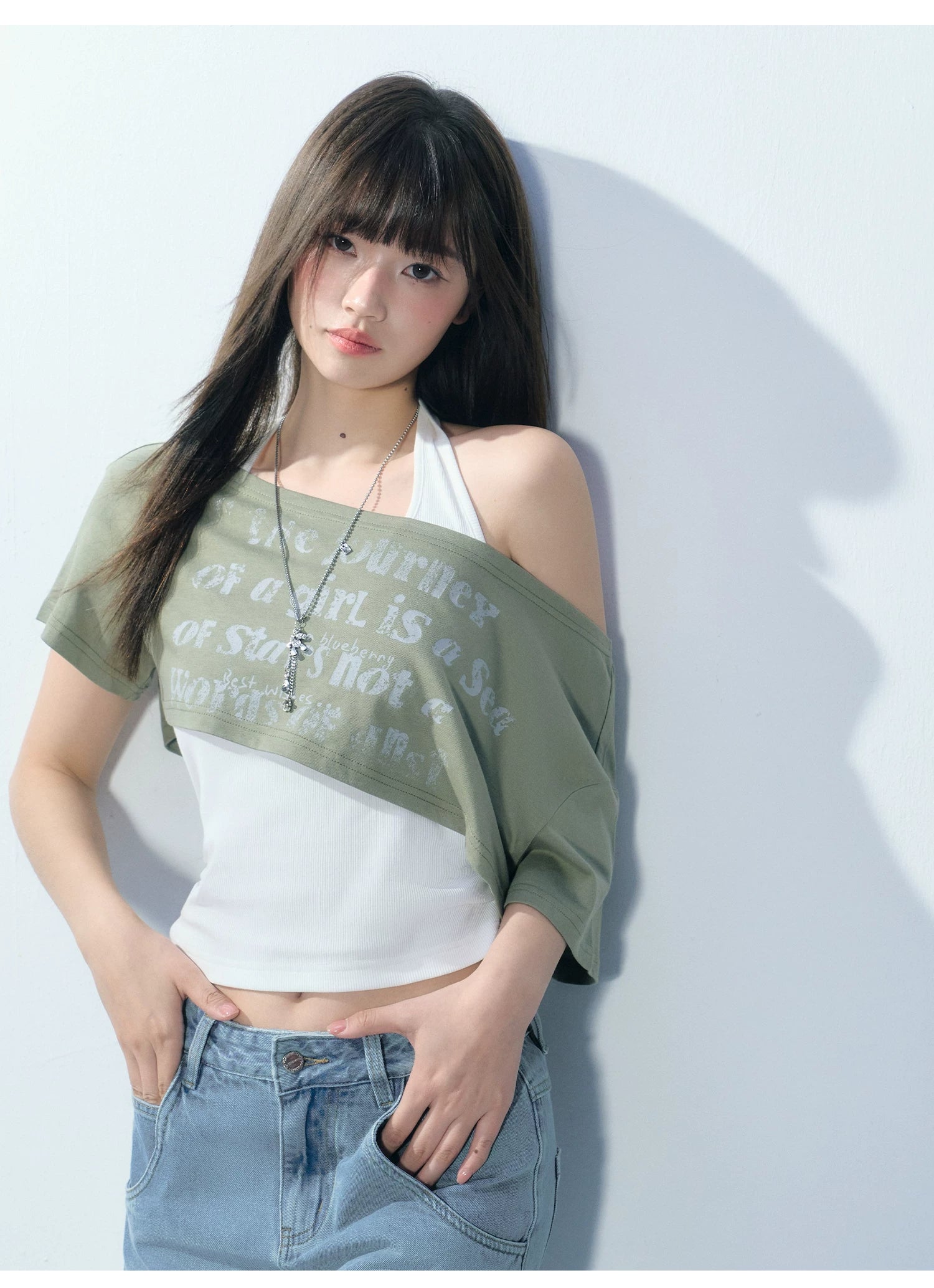 Ablueberry Slanted Shoulder Casual Versatile Tee