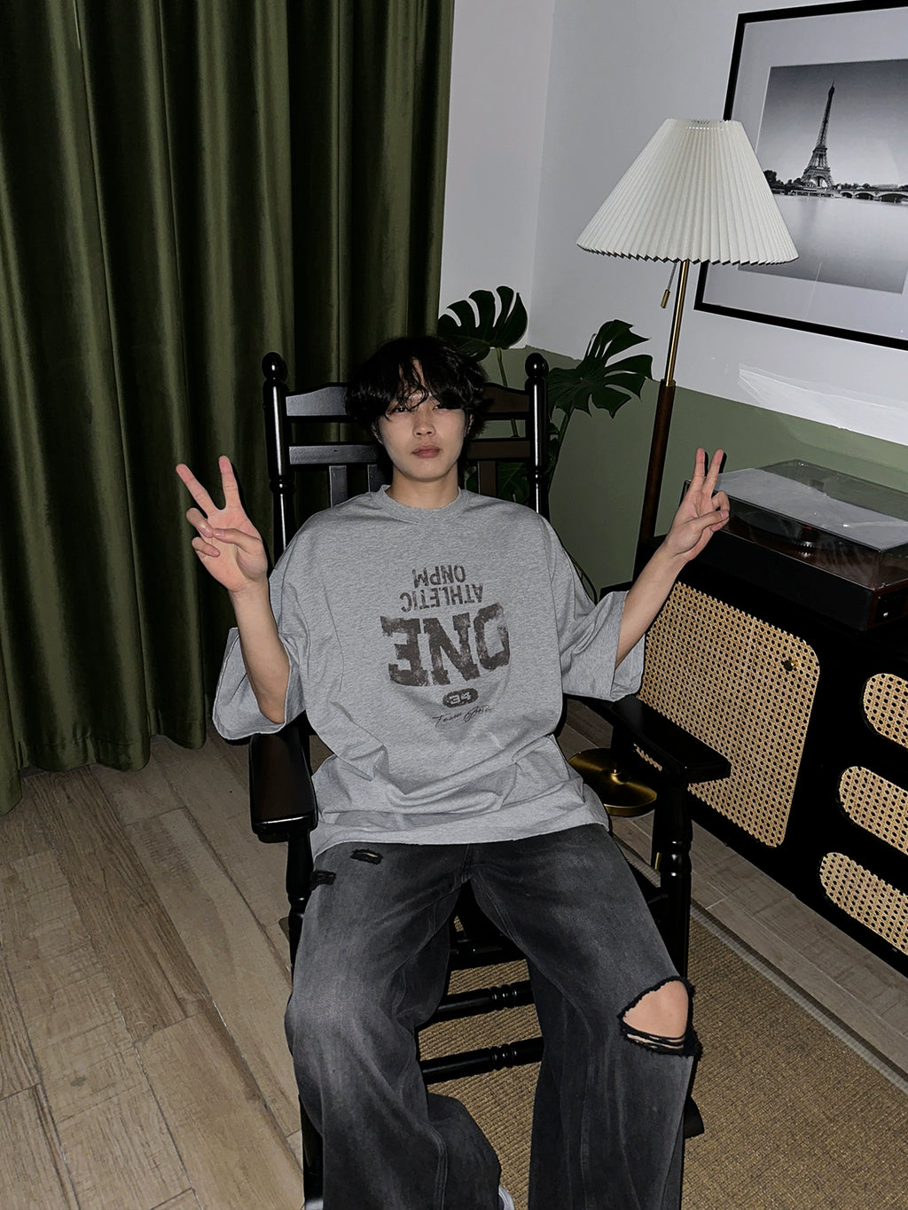ONENINE34PM Inverted LOGO Printed Retro Loose Tee