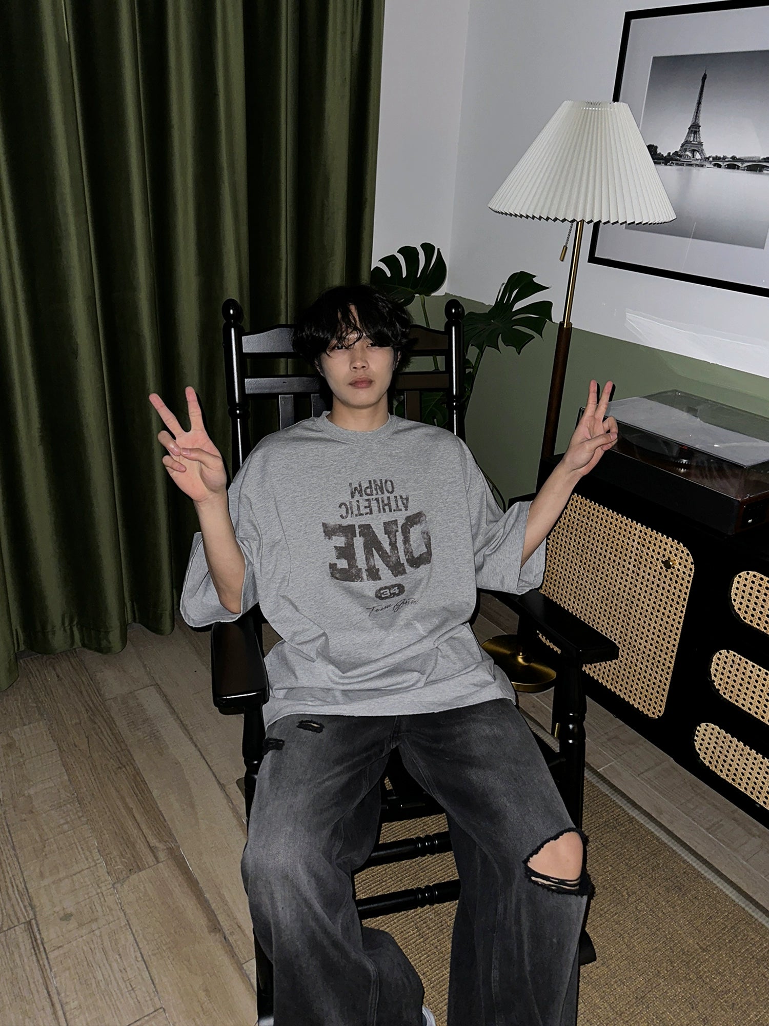 ONENINE34PM Inverted LOGO Printed Retro Loose Tee