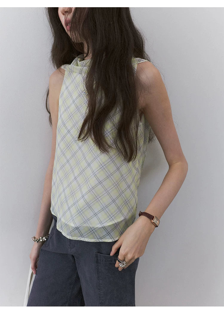 VOOE Contrasting Color Plaid Streamer Vest Shirt