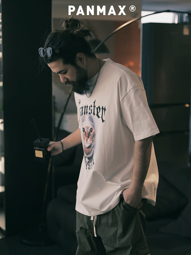 PANMAX Loose Versatile Pure Cotton Cat Head Print Tee