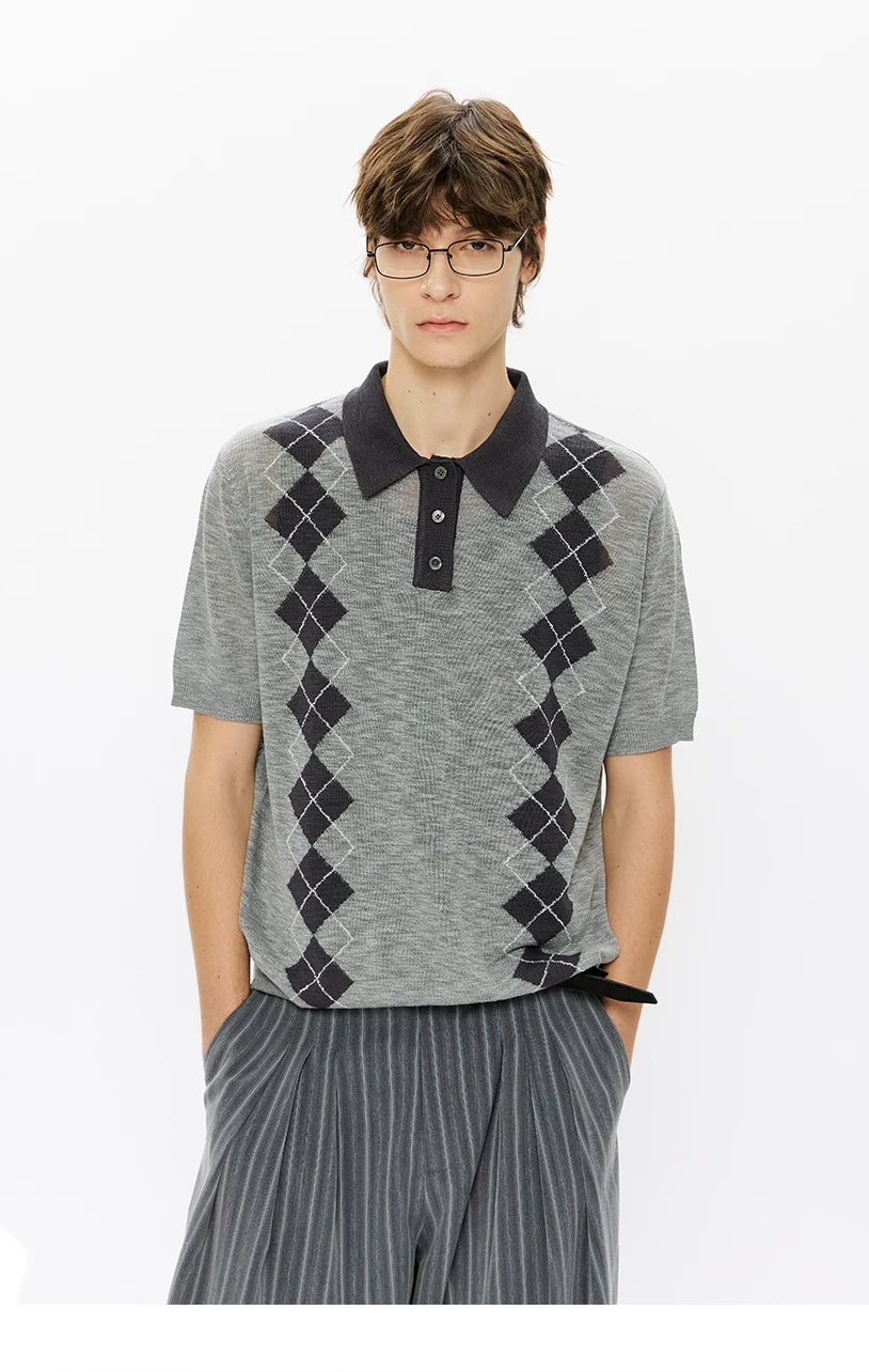 KREATE Rhombus Vertical Contrasting Casual Knitted Tee