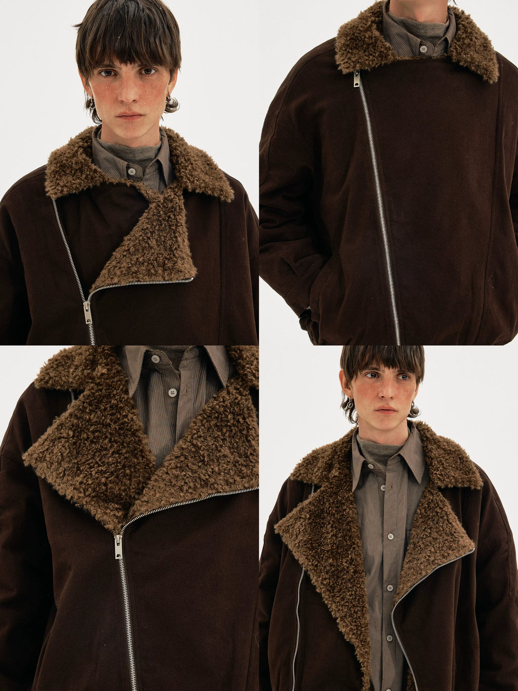 MADWITCH Vintage Slant Zipper Lamb Fur Collar Cotton Clothing